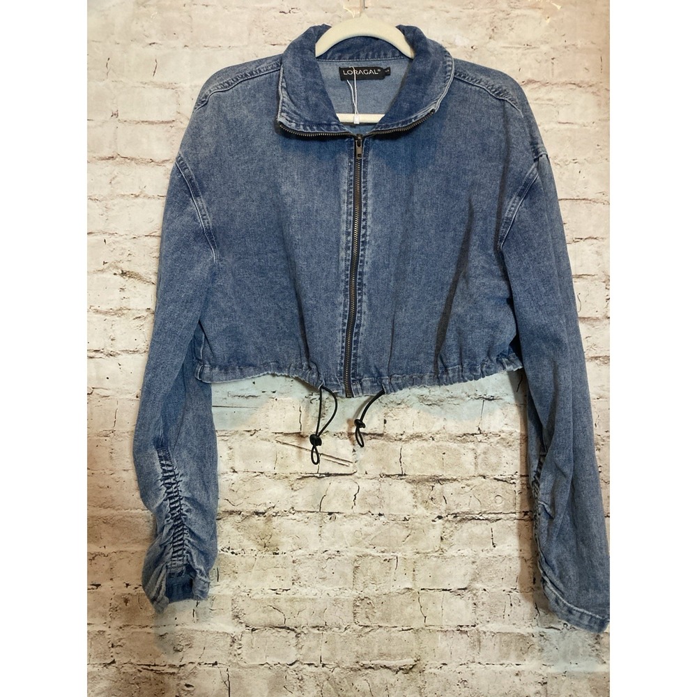Loragal Jean Jacket Small Cropped Zip Front Drawstring Hem Ruched Sleeves Denim